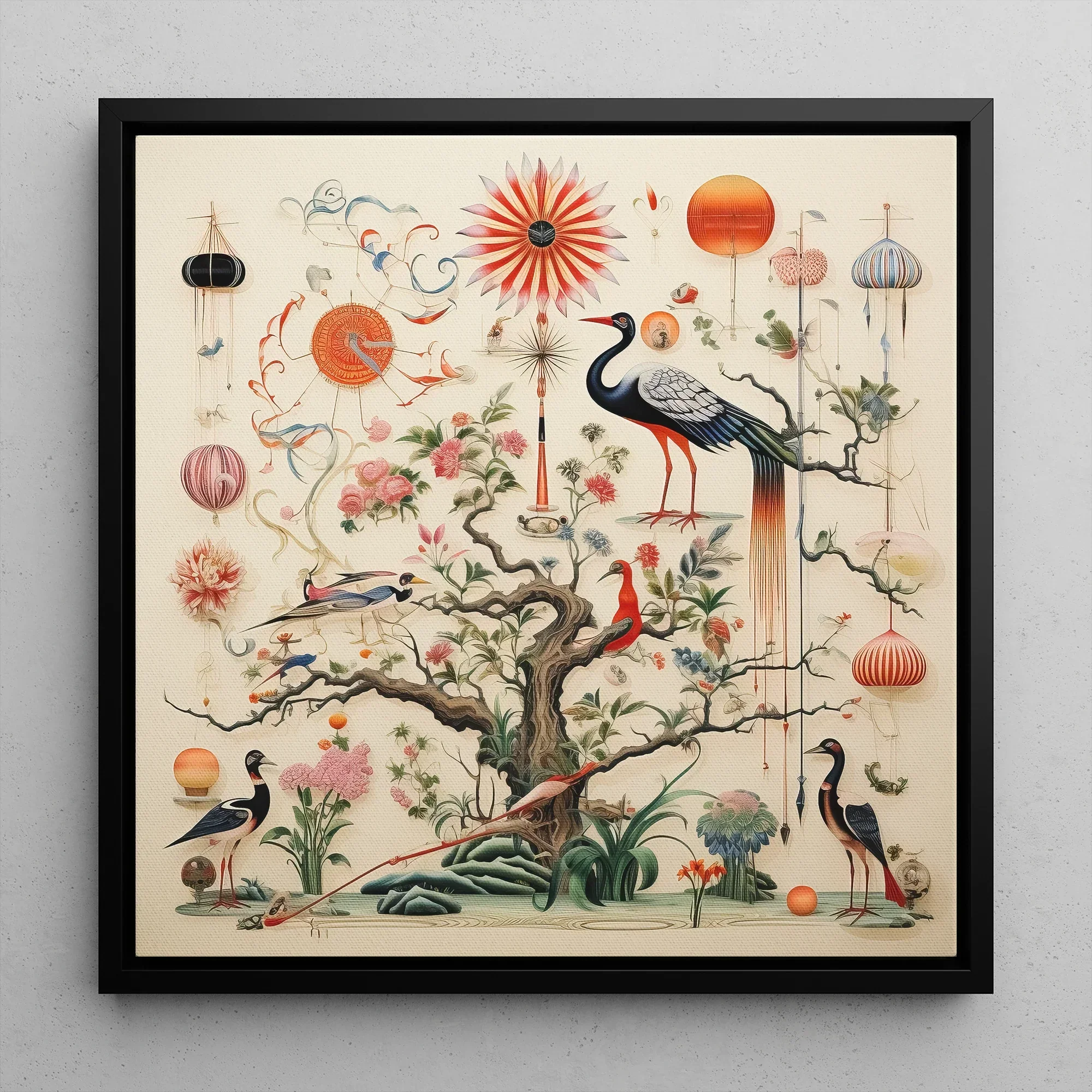 Queer Menagerie Pt 3 - Alien Bird Taxonomy Framed Canvas, Framed Oriental Bird Floral Art