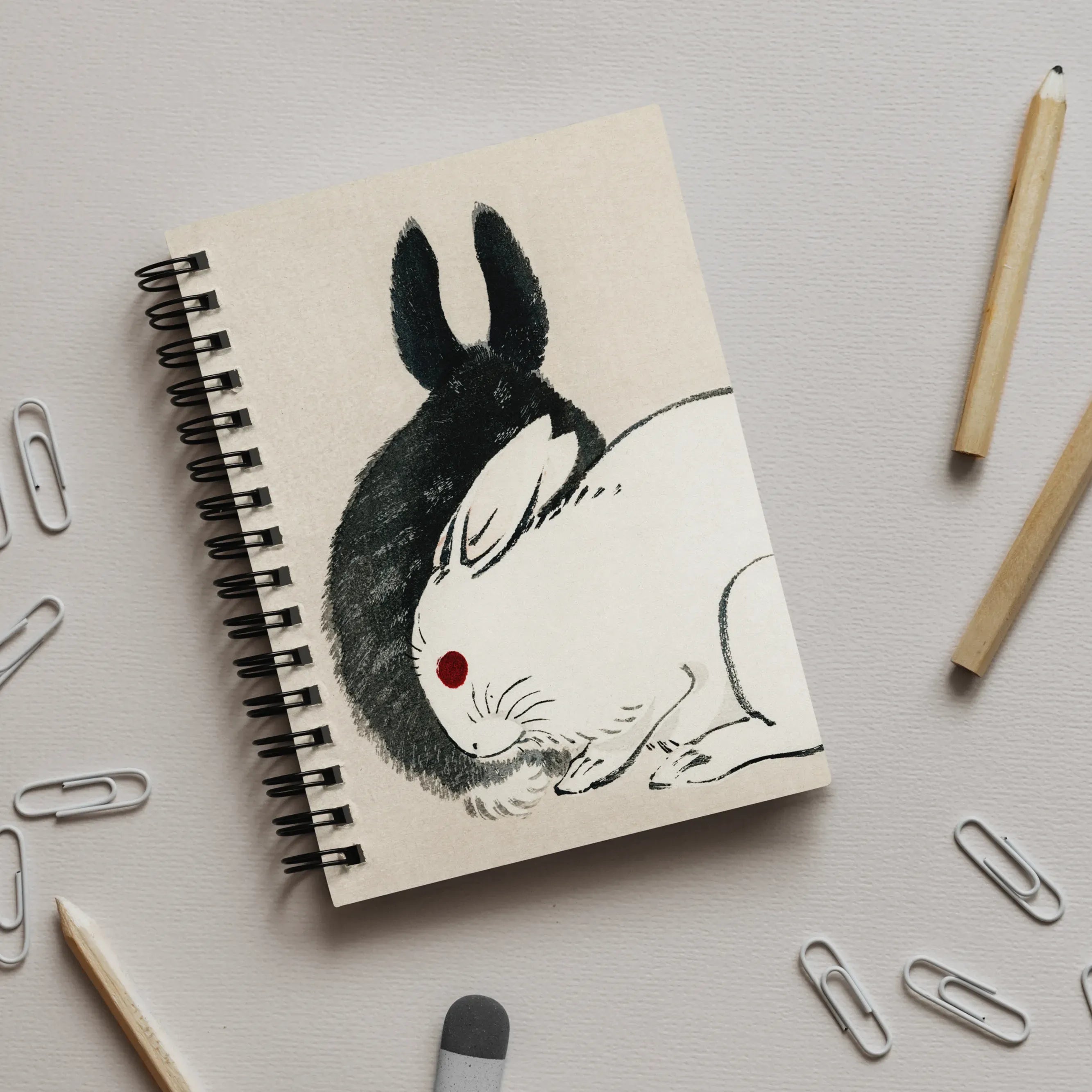 Rabbits - Black And White Meiji Art Notebook - Kōno Bairei - A5 / Graph - Notebooks & Notepads - Aesthetic Art