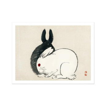 Rabbits - Kōno Bairei Kacho-e Art Print, Black White Rabbit Red Eye Minimalist Ink Brush