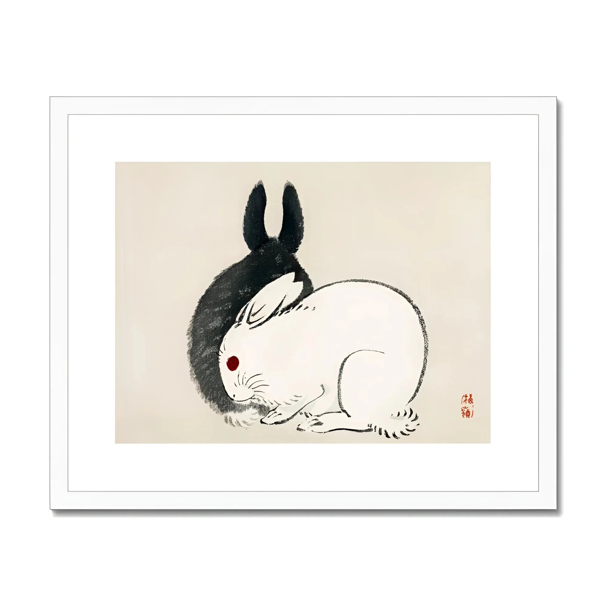 Rabbits - Kōno Bairei Kacho-e Art Print, Black White Rabbit Red Eye Minimalist Japanese Ink