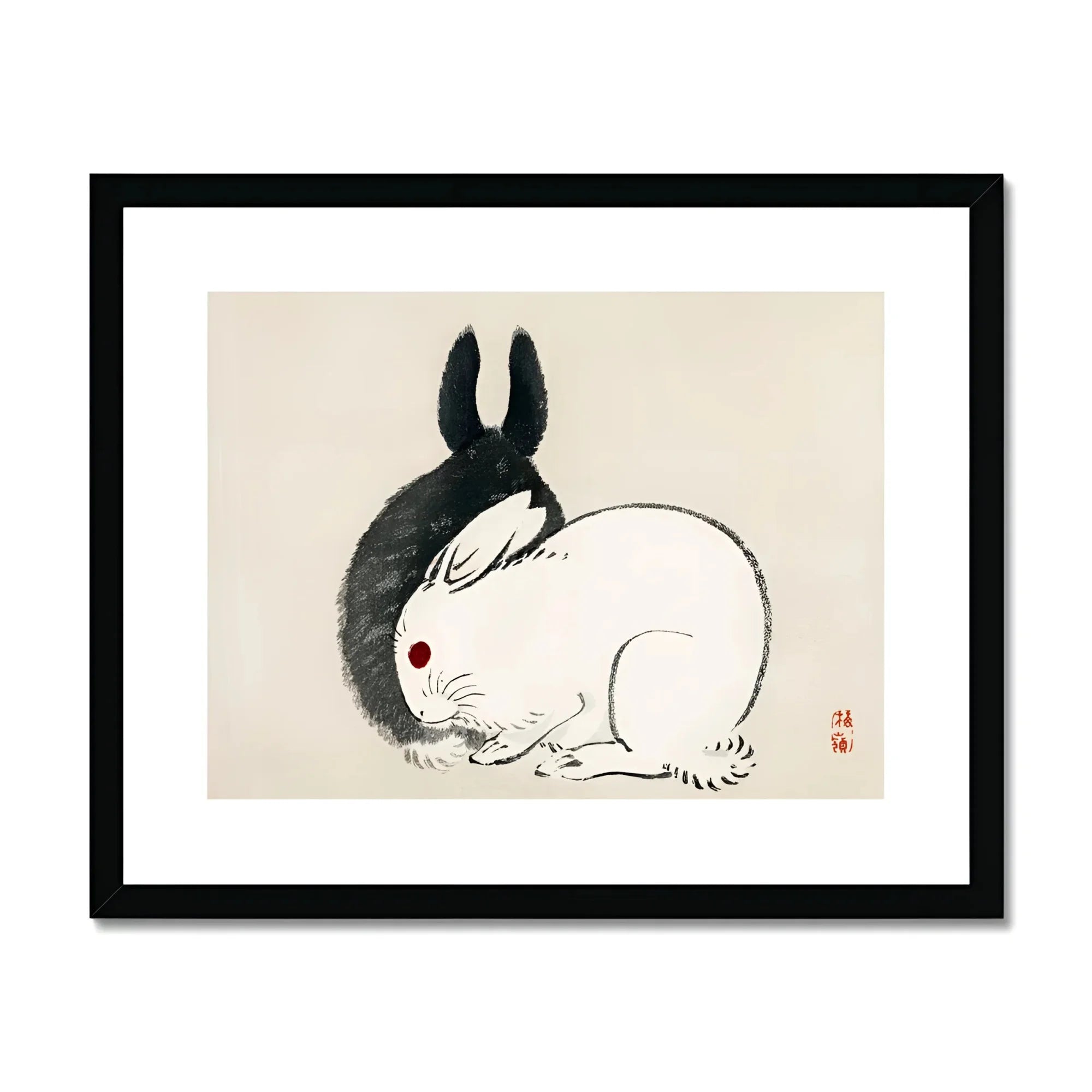 Rabbits - Kōno Bairei Kacho-e Art Print, Black White Rabbit Red Eye Minimalist Japanese Ink