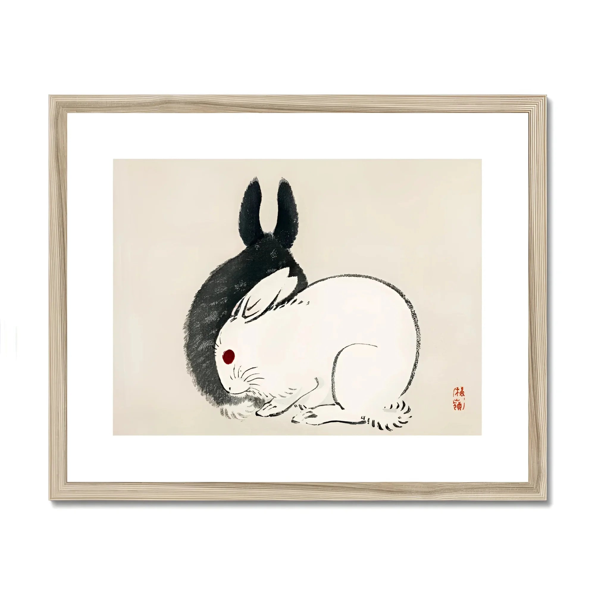 Rabbits - Kōno Bairei Kacho-e Art Print, Black White Rabbit Red Eye Minimalist Japanese Ink