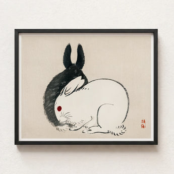 Black White Ink Painting Two Rabbits Minimalist Frame Kono Bairei’s and, Meiji-era Japanese Artistry, Melding Elegance