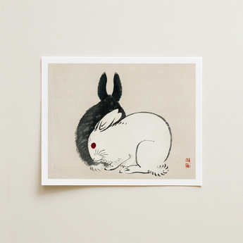Minimalist Ink-wash Print White Rabbit Black Ears Red Kono Bairei’s and Rabbits, Meiji-era Japanese Artistry, Melding Elegance
