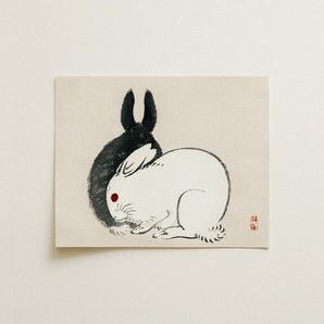 Rabbits - Kono Bairei Kacho-e Art Print / Canvas Minimalist Ink-wash Painting Two Rabbits Black White Rendered Kono Bairei’s and Rabbits,