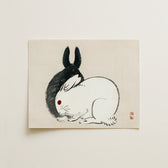 Minimalist Ink-wash Painting Two Rabbits Black White Rendered Kono Bairei’s and, Meiji-era Japanese Artistry, Melding Elegance