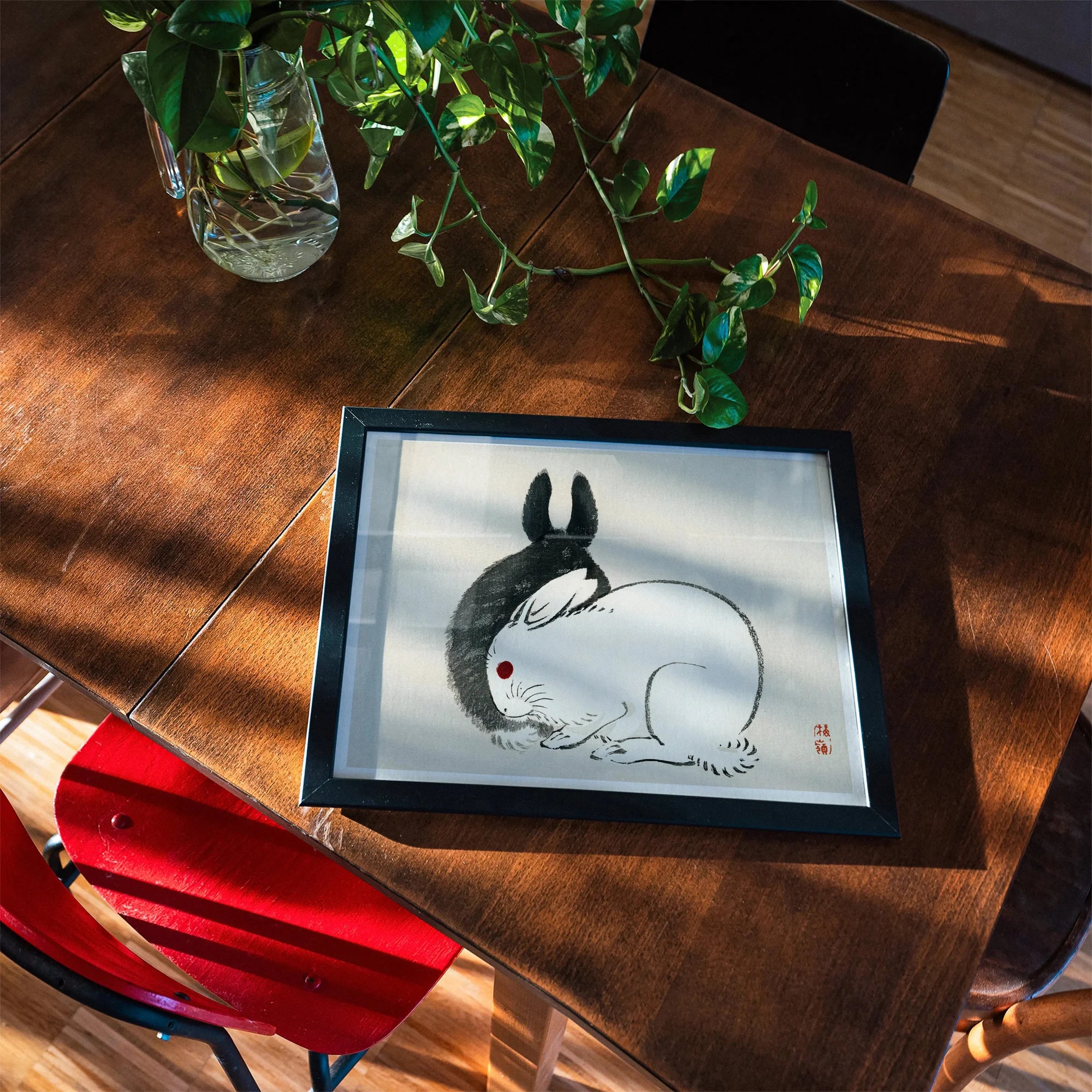 Rabbits - Kōno Bairei Kacho-e Art Print, Framed Black White Artwork Rabbit Ink Wash Style