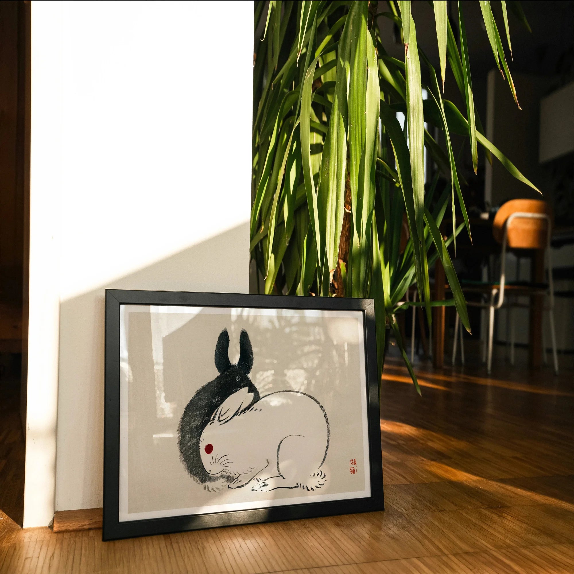 Rabbits - Kōno Bairei Kacho-e Art Print, Framed Black White Ink Rabbit Red Dot