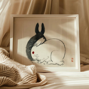Rabbits - Kōno Bairei Kacho-e Art Print, Simple Ink Brush Painting Black White Rabbit Red