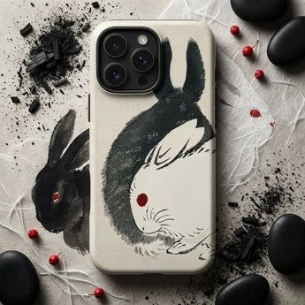 Rabbits - Kono Bairei Meiji Era Phone Case Cream-colored Phone Case Black White Ink-style Illustration Two Kono Bairei’s Black, Rabbits