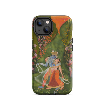Radha & Krishna in a Flowering Grove Phone Case Iphone 14 / Matte Phone Case Krishna Radha Design Twilight Hush, Rajasthani Grove, Parrots