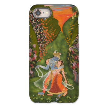 Radha & Krishna in a Flowering Grove Phone Case Iphone 8 / Matte Phone Case Painting Krishna Radha Twilight Hush, Rajasthani Grove, Parrots