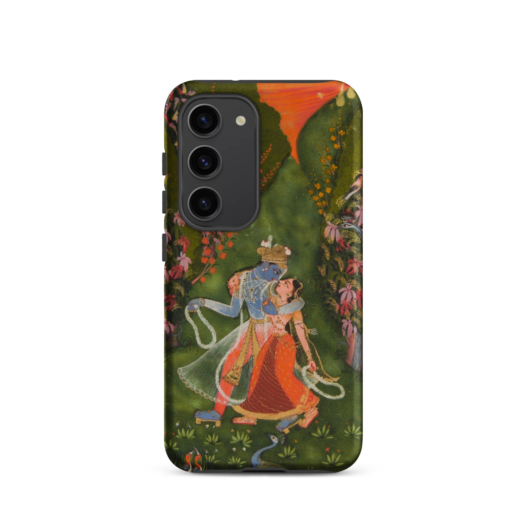Radha & Krishna in a Flowering Grove Samsung Case, Galaxy S23 / Matte, Phone Case Colorful Illustration Hindu Deities Krishna Radha