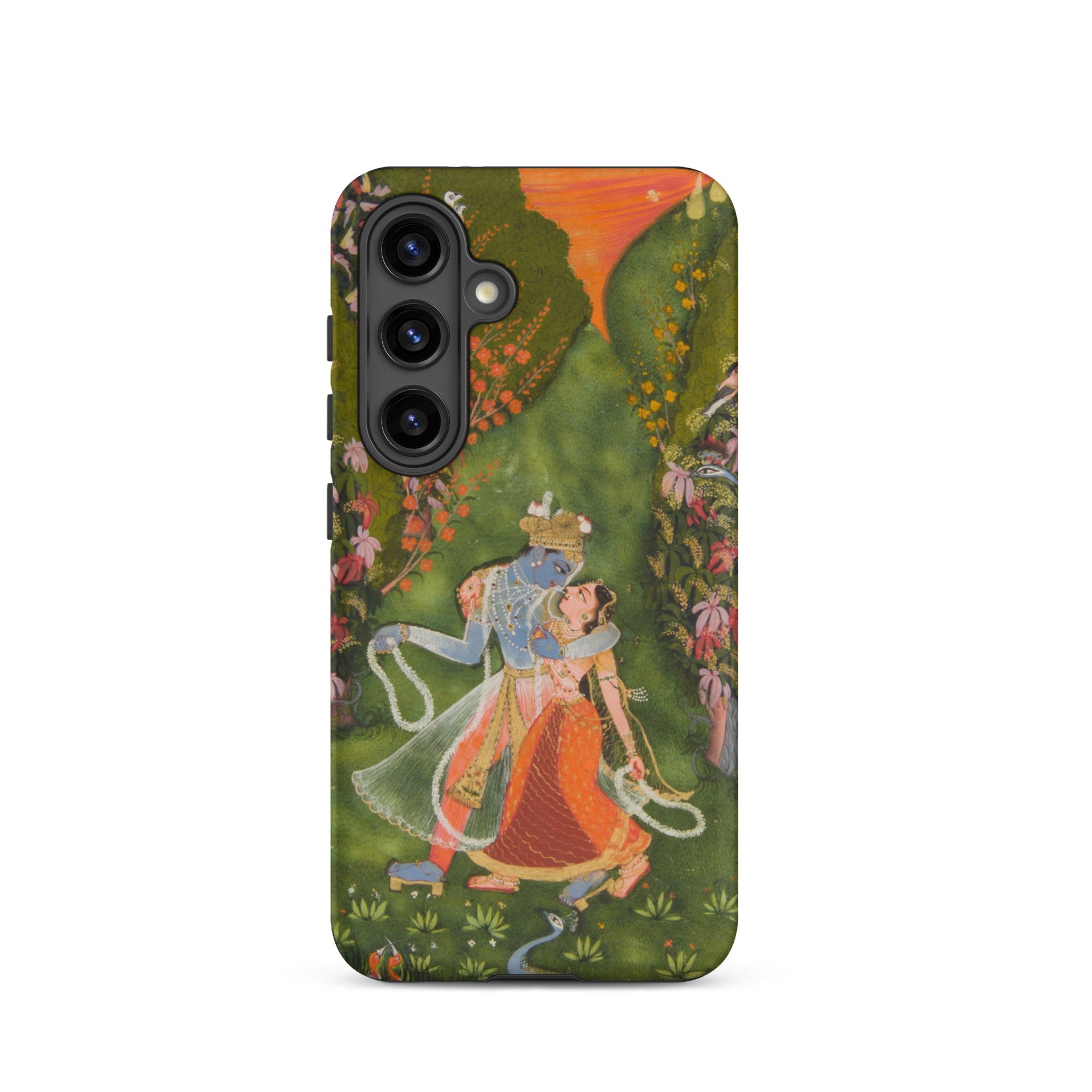 Radha & Krishna in a Flowering Grove Samsung Case, Galaxy S24 / Matte, Phone Case Vibrant Illustration Two Figures Blue Skinned Lush