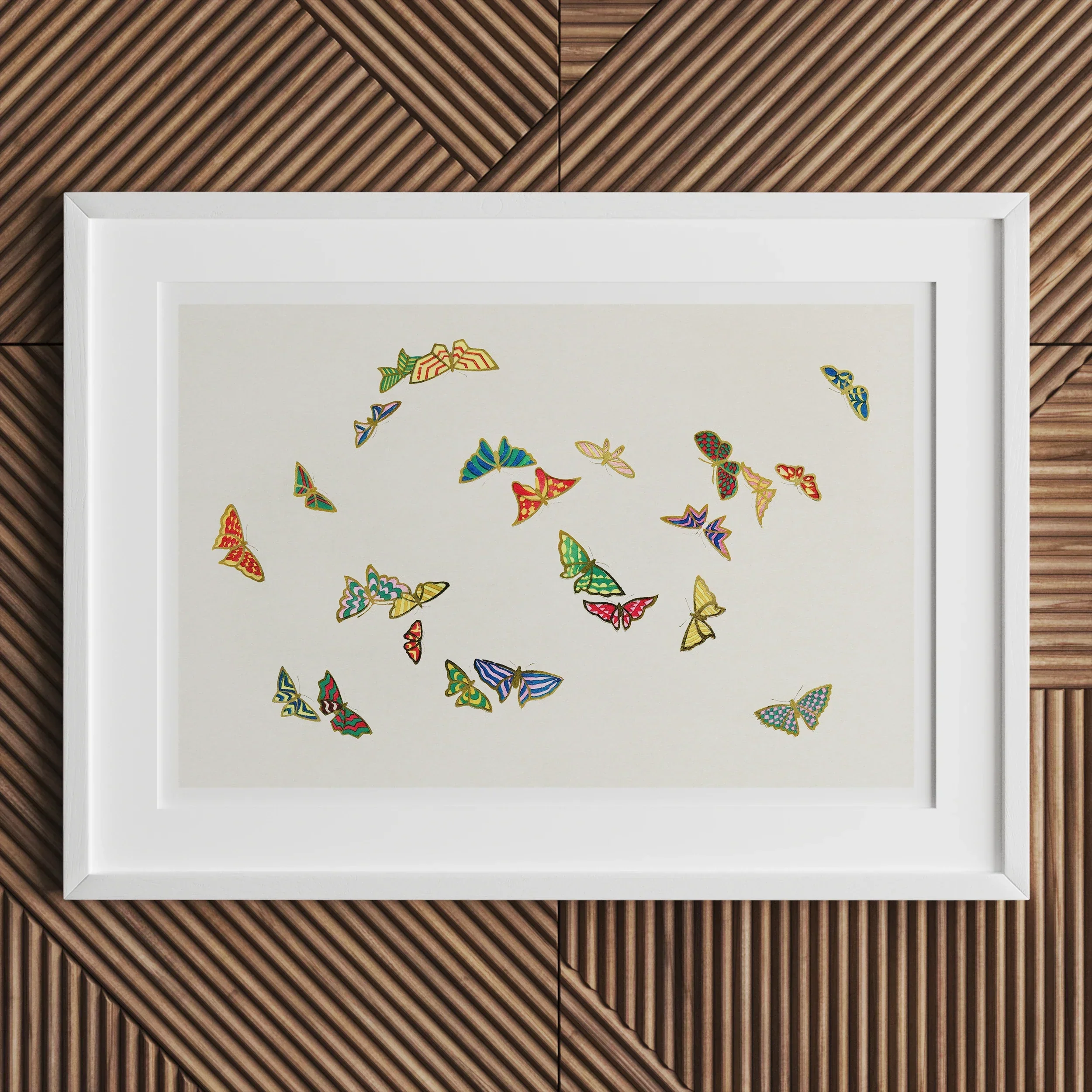 Rainbow Butterflies Kamisaka Sekka Art Print, White Framed Artwork Colorful Butterfly Illustrations Scattered Paper