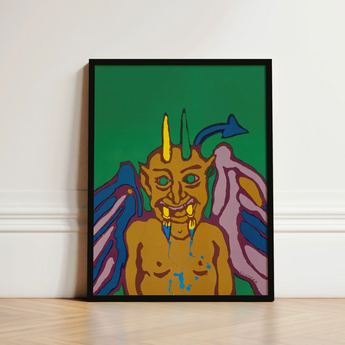 Rainbow Devil - Lanny Sommese Art Print / Canvas Vibrant Pop-art Framed Stylized Horned Figure Green Builds, Trickster Grins Prints
