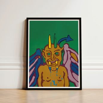 Rainbow Devil - Lanny Sommese Art Print / Canvas Vibrant Stylized Demonic Figure Black Frame Bold Builds, Horned Trickster Grins Prints