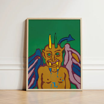 Rainbow Devil - Lanny Sommese Art Print / Canvas Vibrant Framed Artwork Stylized Golden Demon Green Eyes Builds, Horned Trickster Grins