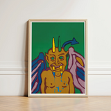 Rainbow Devil - Lanny Sommese Art Print / Canvas Vibrant Stylized Demonic Figure Painting Light Wood Frame Builds, Horned Trickster Grins