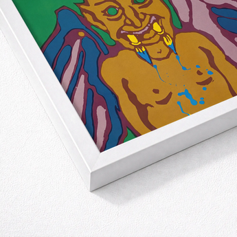 Rainbow Devil - Lanny Sommese Art Print / Canvas Vibrant Stylized Artwork White Frame Depicts Golden-skinned Figure Builds, Horned