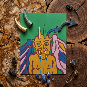 Rainbow Devil - Lanny Sommese Art Print / Canvas Vibrant Stylized Illustration Horned Figure Colorful Wings Blue Lanny Sommese Builds,