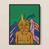 Rainbow Devil - Lanny Sommese Art Print / Canvas Vibrant Stylized Painting Black Frame Depicts Golden-skinned Figure Lanny Sommese Builds,