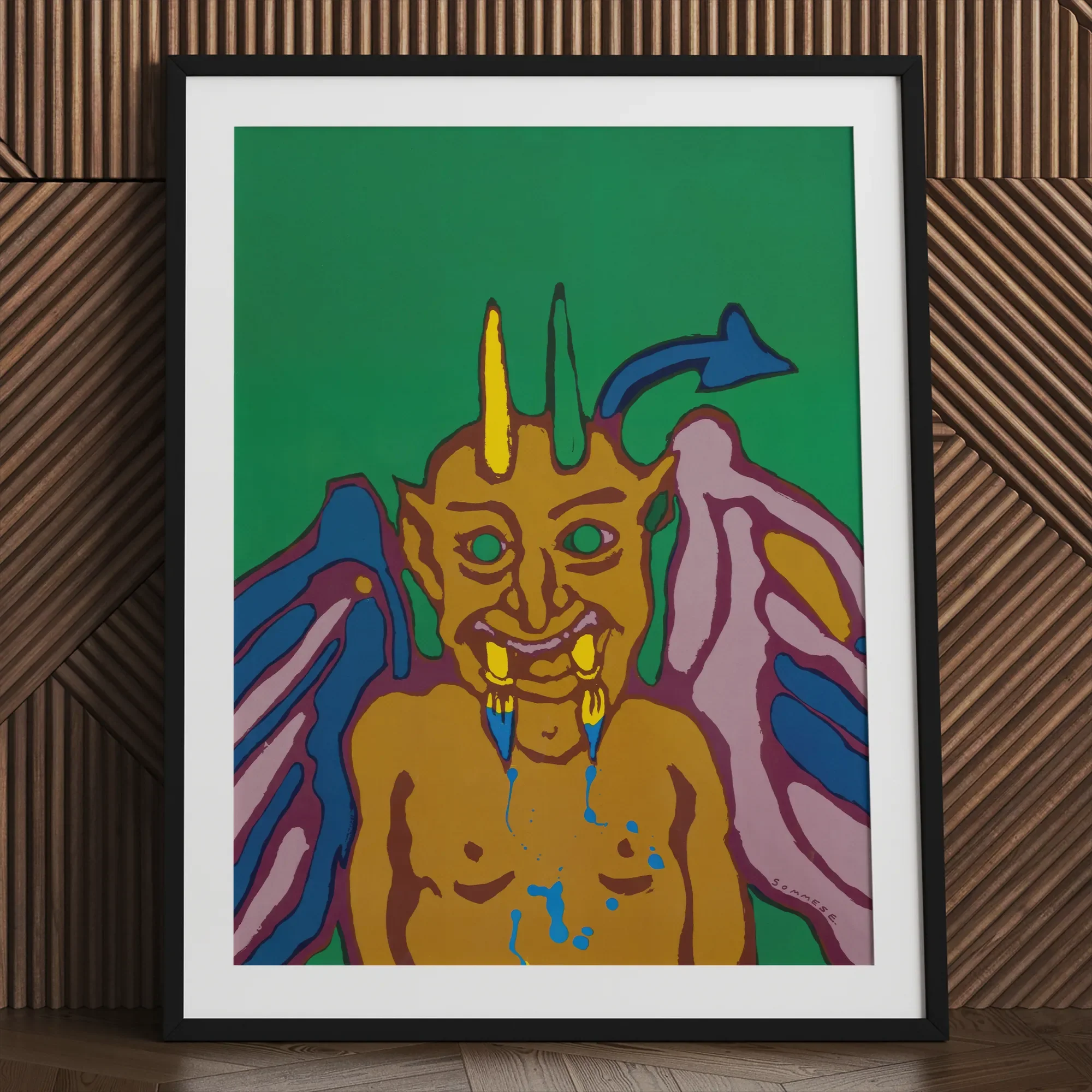 Rainbow Devil - Lanny Sommese Fine Art Print, 24x32’’ / 61x81cm / Black Frame / 2’’ Matboard, Framed Pop Art Depiction Horned Winged Demon