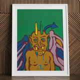 Rainbow Devil - Lanny Sommese Fine Art Print, 24x32’’ / 61x81cm / White Frame / 2’’ Matboard, Framed Pop Art-style Illustration Horned