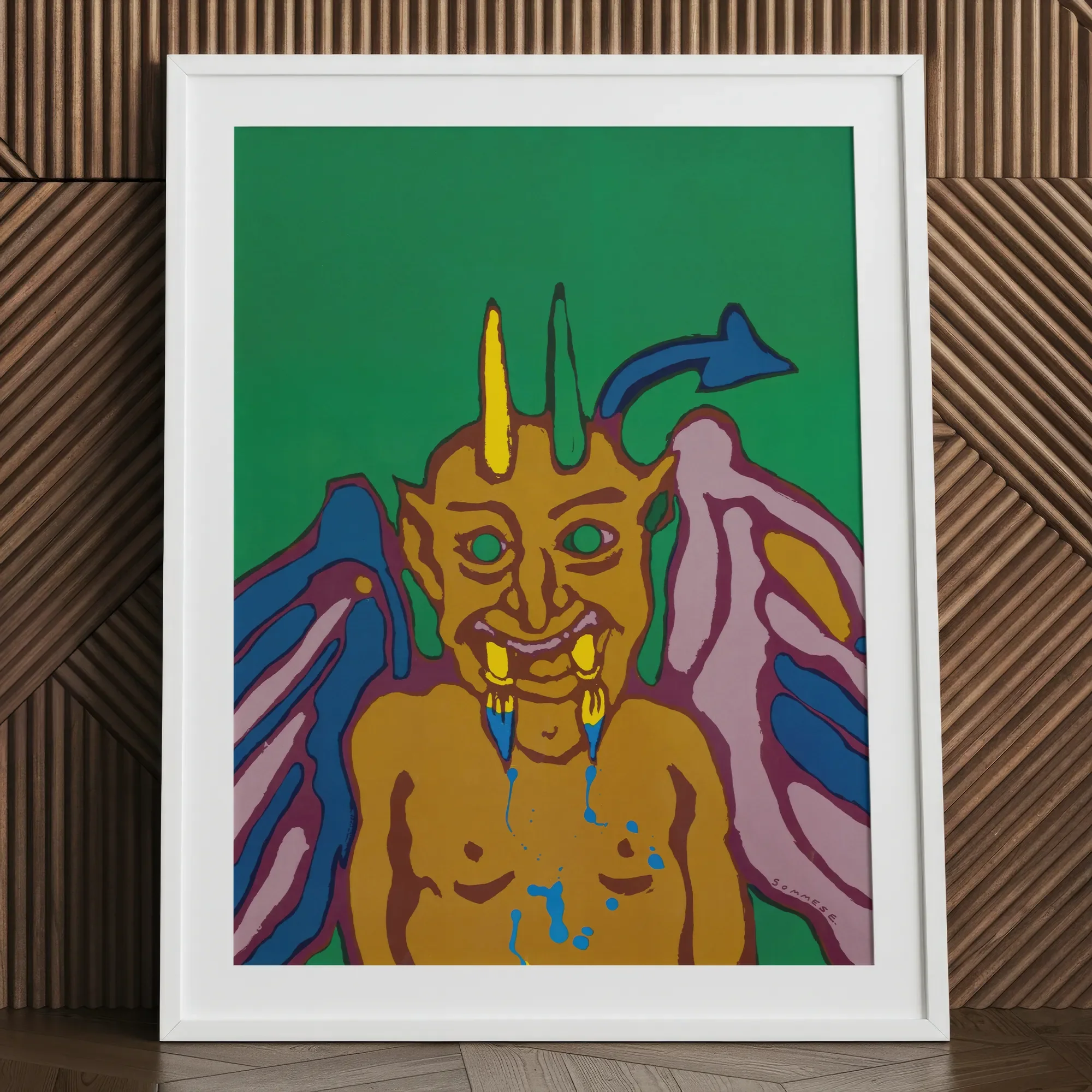 Rainbow Devil - Lanny Sommese Fine Art Print, 24x32’’ / 61x81cm / White Frame / 2’’ Matboard, Framed Pop Art-style Illustration Horned