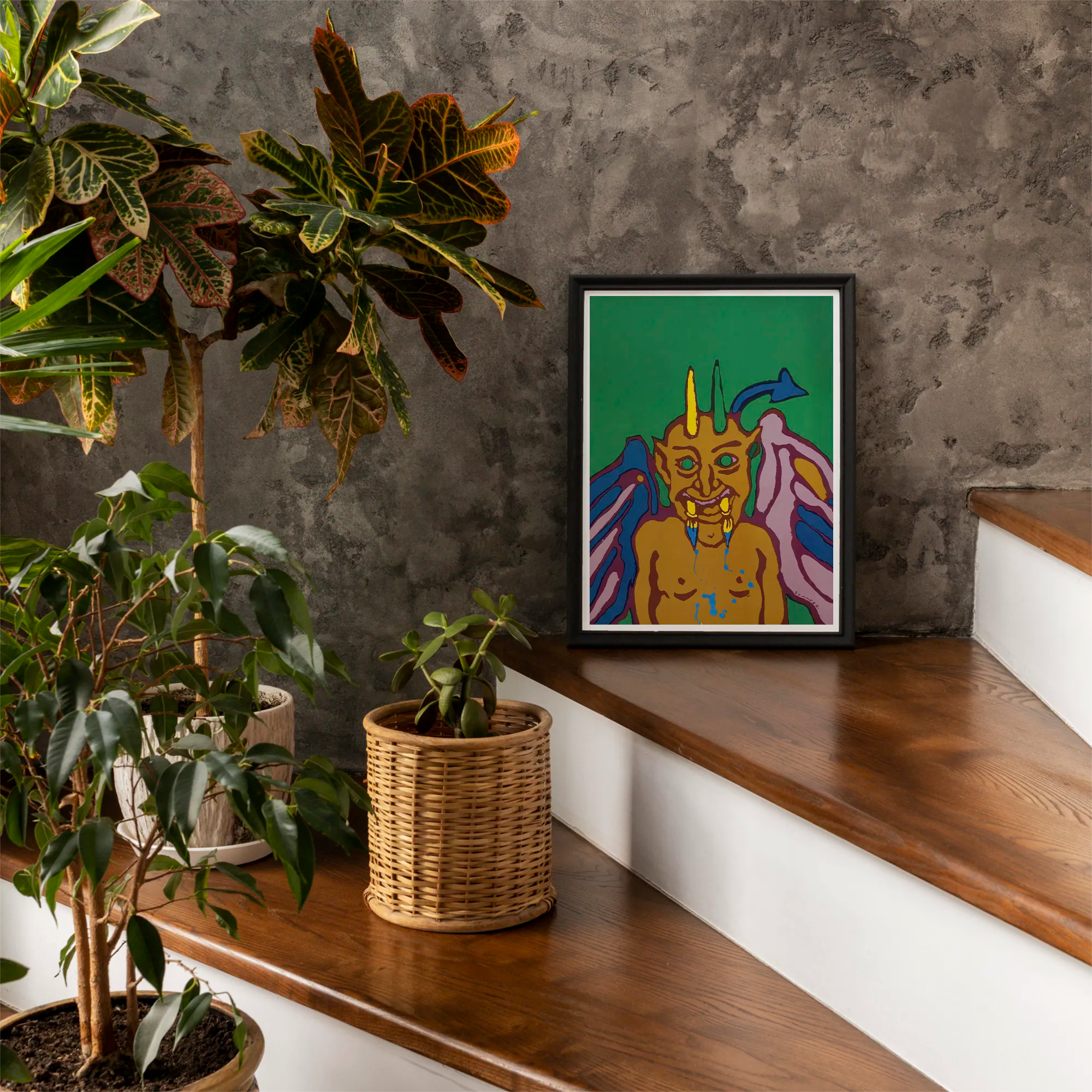 Rainbow Devil - Lanny Sommese Fine Art Print, Framed Colorful Cartoon-style Artwork Horned Creature