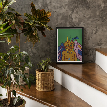 Rainbow Devil - Lanny Sommese Fine Art Print, Framed Colorful Cartoon-style Artwork Horned Creature
