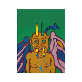 Rainbow Devil - Lanny Sommese Fine Art Print, Stylized Colorful Painting Horned Winged Demon Fangs Blue