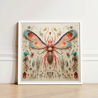 Vibrant Intricately Detailed Framed Artwork Central Mechanical Insect Rainbow Rover, Alien Species Taxonomy, Xenobiological Artistry