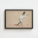 Black-framed Artwork Traditional Japanese Figure White Robes Red Kamisaka Sekka’s Raking, Print, Sekka Art