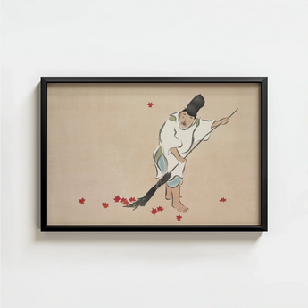 Black-framed Artwork Traditional Japanese Figure White Robes Red Kamisaka Sekka’s Raking, Print, Sekka Art