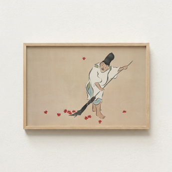 Minimalist Wooden-framed Artwork Traditional Japanese Figure Red Maple Kamisaka Sekka’s Raking, Print, Sekka Art