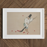 Raking - Kamisaka Sekka Meiji Woodblock Art Print / Canvas White-framed Artwork Traditional Japanese Figure Red Maple Leaves Sekka’s, Prints