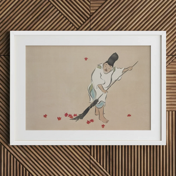 Raking - Kamisaka Sekka Meiji Woodblock Art Print / Canvas White-framed Artwork Traditional Japanese Figure Red Maple Leaves Sekka’s, Prints