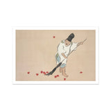 Raking - Kamisaka Sekka Meiji Woodblock Art Print, Figure Traditional Asian Clothing Red Maple Leaves Broom