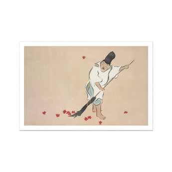 Raking - Kamisaka Sekka Meiji Woodblock Art Print, Figure Traditional Asian Clothing Red Maple Leaves Broom