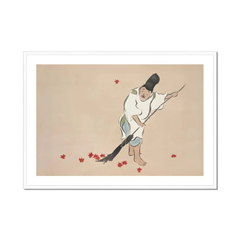 Raking - Kamisaka Sekka Meiji Woodblock Art Print, Figure Traditional Asian Clothing Sweeps Red Maple Leaves