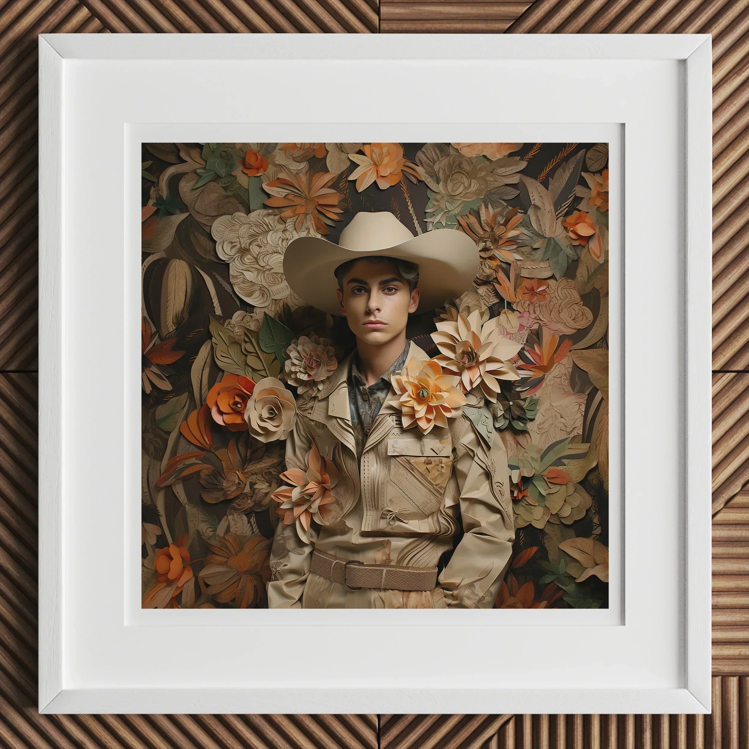 Rashid - Gay Arabic Cowboy Dandy Art Print, 12x12’’ / 31x31cm / White Frame / 2’’ Matboard, Framed Artistic Portrait Cowboy Hat