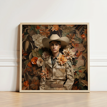 Framed Artwork Person Beige Cowboy Attire Surrounded Layered Gay Arabic, Dandy, Rashid Stands Tall