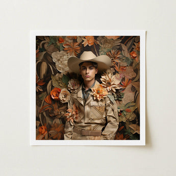 Rashid - Gay Arabic Cowboy Dandy Art Print / Canvas Framed Portrait Person Beige Attire Surrounded Layered, Stands Tall Prints