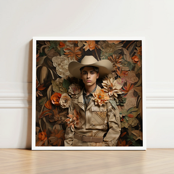 Framed Portrait Man Beige Cowboy Hat Jacket Surrounded Gay Arabic, Dandy, Rashid Stands Tall