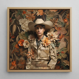 Rashid - Gay Arabic Cowboy Dandy Art Print / Canvas Beige Paper-cut Cowboy Portrait Framed Light Wood Surrounded Gay Arabic Cowboy, Dandy,