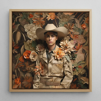 Rashid - Gay Arabic Cowboy Dandy Art Print / Canvas Beige Paper-cut Cowboy Portrait Framed Light Wood Surrounded Gay Arabic Cowboy, Dandy,
