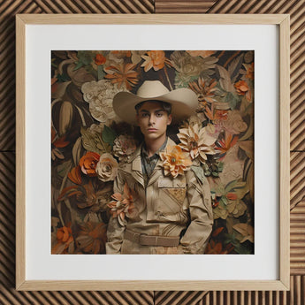 Rashid - Gay Arabic Cowboy Dandy Art Print / Canvas Beige Paper-cutout Cowboy Portrait Framed Light Wood Frame Gay Arabic Cowboy, Dandy,