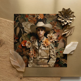 Rashid - Gay Arabic Cowboy Dandy Art Print / Canvas Beige Paper-cutout Cowboy Portrait Surrounded Layered Textured Floral Gay Arabic
