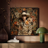 Rashid - Gay Arabic Cowboy Dandy Art Print / Canvas Framed Artwork Man Beige Cowboy Hat Jacket Surrounded Gay Arabic Cowboy, Dandy, Rashid